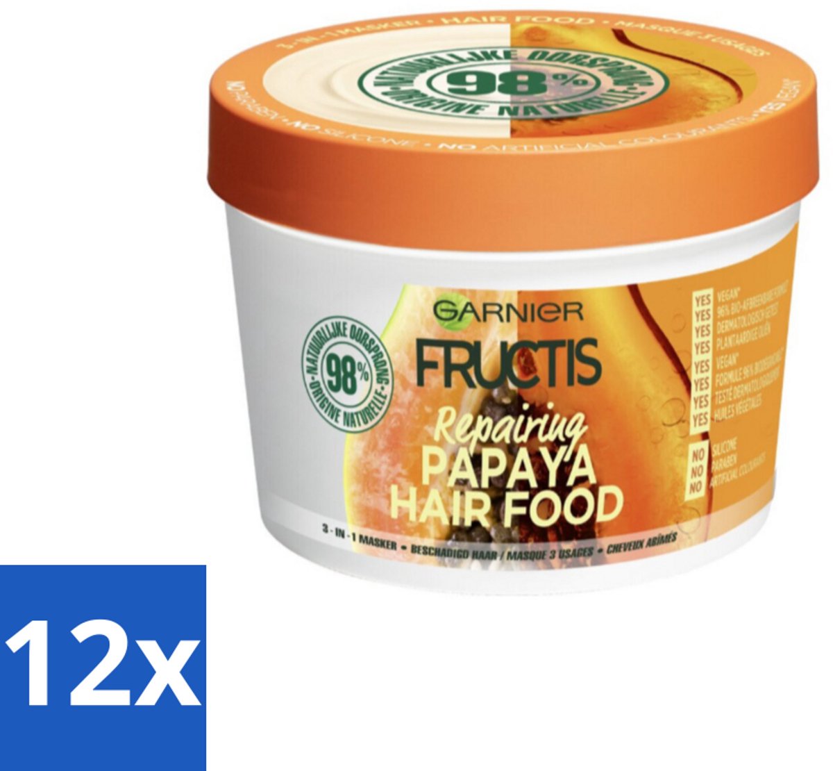 12 x Garnier - Fructis Hair Food Papaya - 3-in-1 Haarmasker - Beschadigd Haar - 400 ml - Haar Masker - Papaya - Beschadigd Haar - Haar Herstel - Voedend Masker