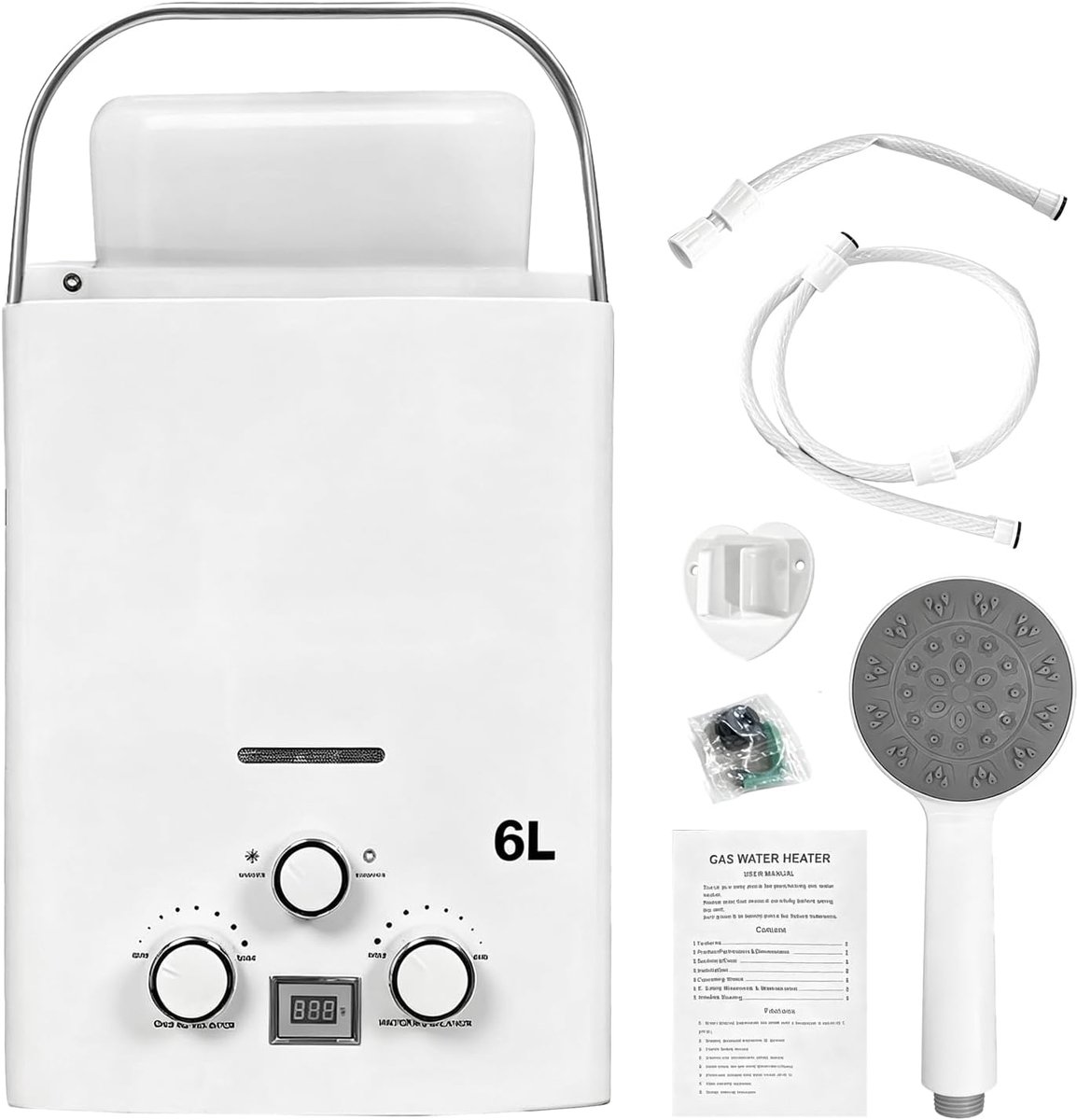 Mobiele waterverwarmer 6 L - 12 kW gasboiler - draagbaar met douchekop - ideaal voor buitengebruik - ShopVlot