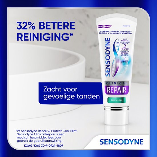 32% betere reiniging. Zacht voor gevoelige tanden. Sensodyne Clinical Repair.