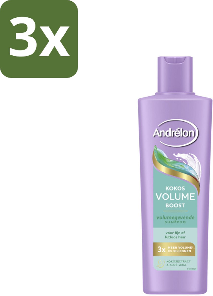 3 x Andrélon – Shampoo – Volume Boost – 250 ml - Haar Volume - Fijn Haar - Futloos Haar - Kokos Shampoo - Aloë Vera Shampoo