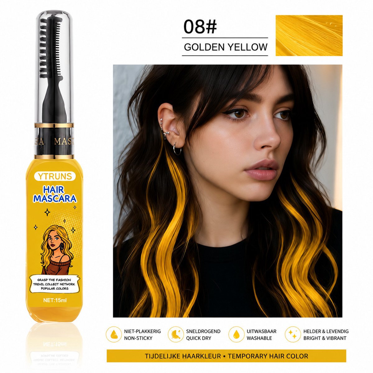Tijdelijke Haarmascara 8 Golden Yellow – Uitwasbare Haarkleur voor Highlights & Styling