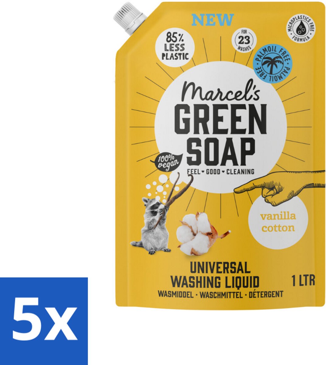 5 x Marcel's Green Soap - Vloeibaar Wasmiddel - Navulling - Vanille & Katoen - Effectief & natuurlijk - 23 Wasbeurten - 1 liter - Wasmiddel - Palmolievrij - Duurzaam Wasmiddel - Natuurlijk Wasmiddel - Milieuvriendelijk Wasmiddel