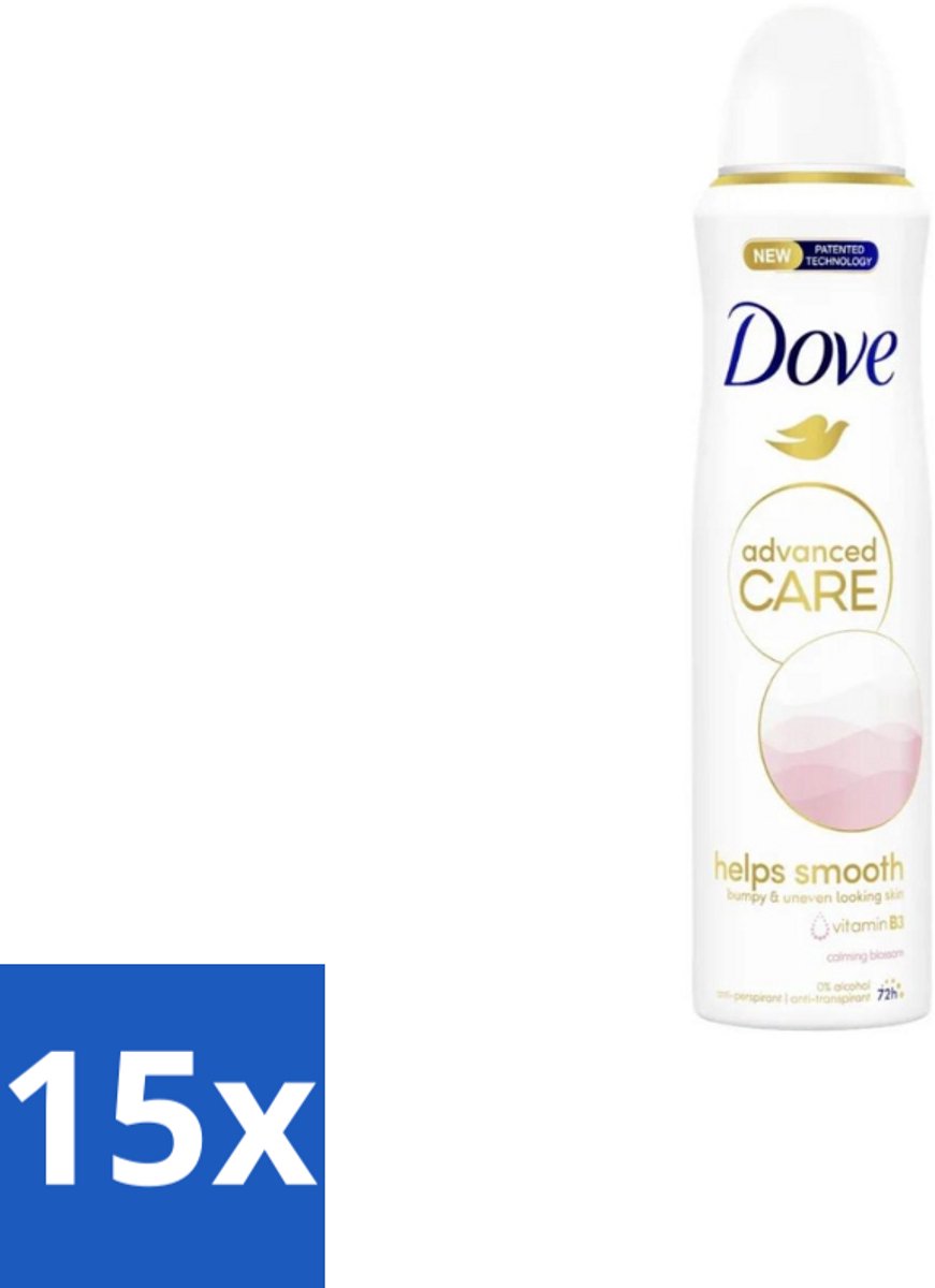 15 x Dove Deodorant Spray - Advanced Care - For Smooth Skin - 150 ml - Dove Deodorant Spray - Calming Blossom - Anti-transpirant Spray - Bloemige Geur - Vitamine B3