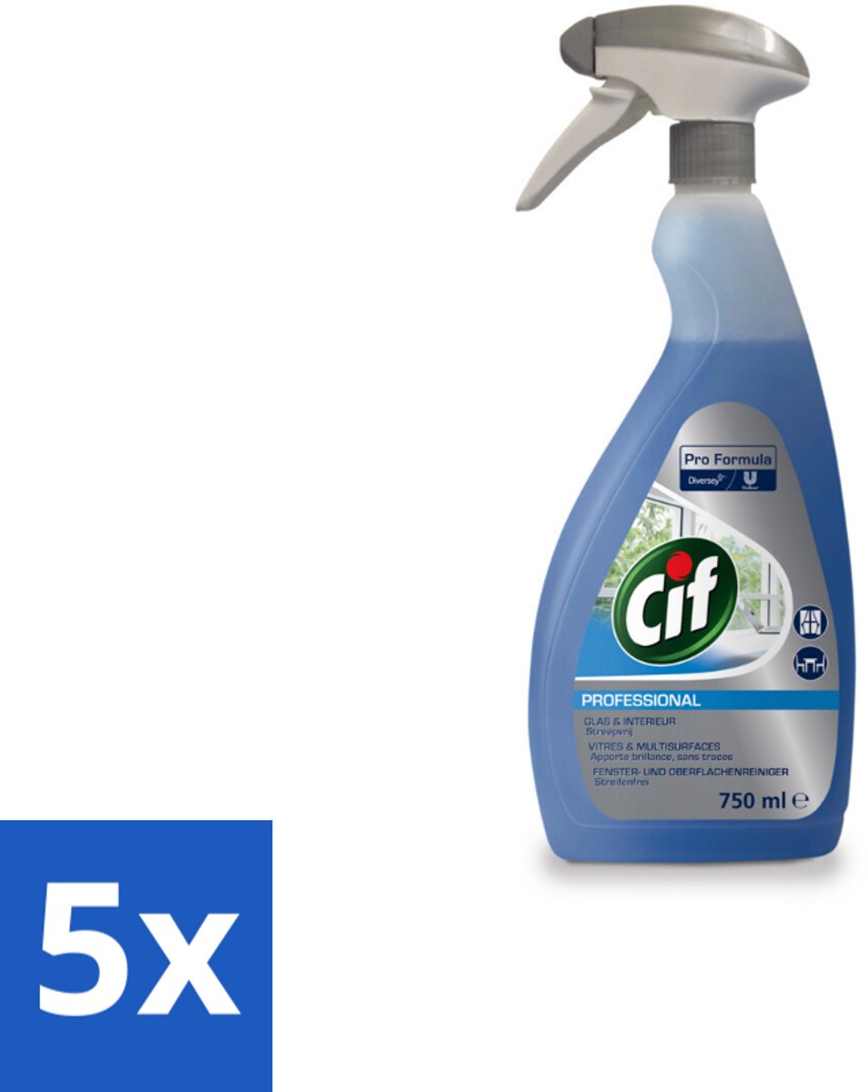 5 x Cif Glas- en Ruitenreiniger - Spray - Streeploze Glans - Voor Ramen en Spiegels - 750 ml - Glas Reiniger - Ruiten Reiniger - Spiegels Reiniger - Streeploze Glans - Ramen Reiniger