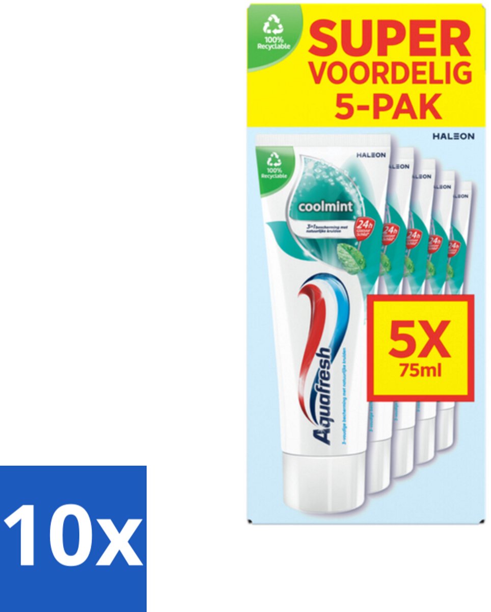 10 x Aquafresh Tandpasta Coolmint - Fris en Beschermend - Voordeelverpakking - 5 tubes - Tandpasta - Frisse Adem - Gaatjes - Tandplak - Fluoride