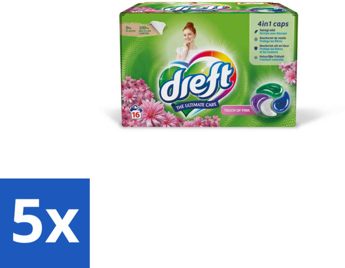 5 x Dreft - Wasmiddelcapsules - Touch of Pink - Geurige verzorging - 16 Wasbeurten - Wasmiddelcapsules - Plasticvrije Verpakking - Duurzame Wasmiddelen - Kleurenbehoud - Stofbescherming