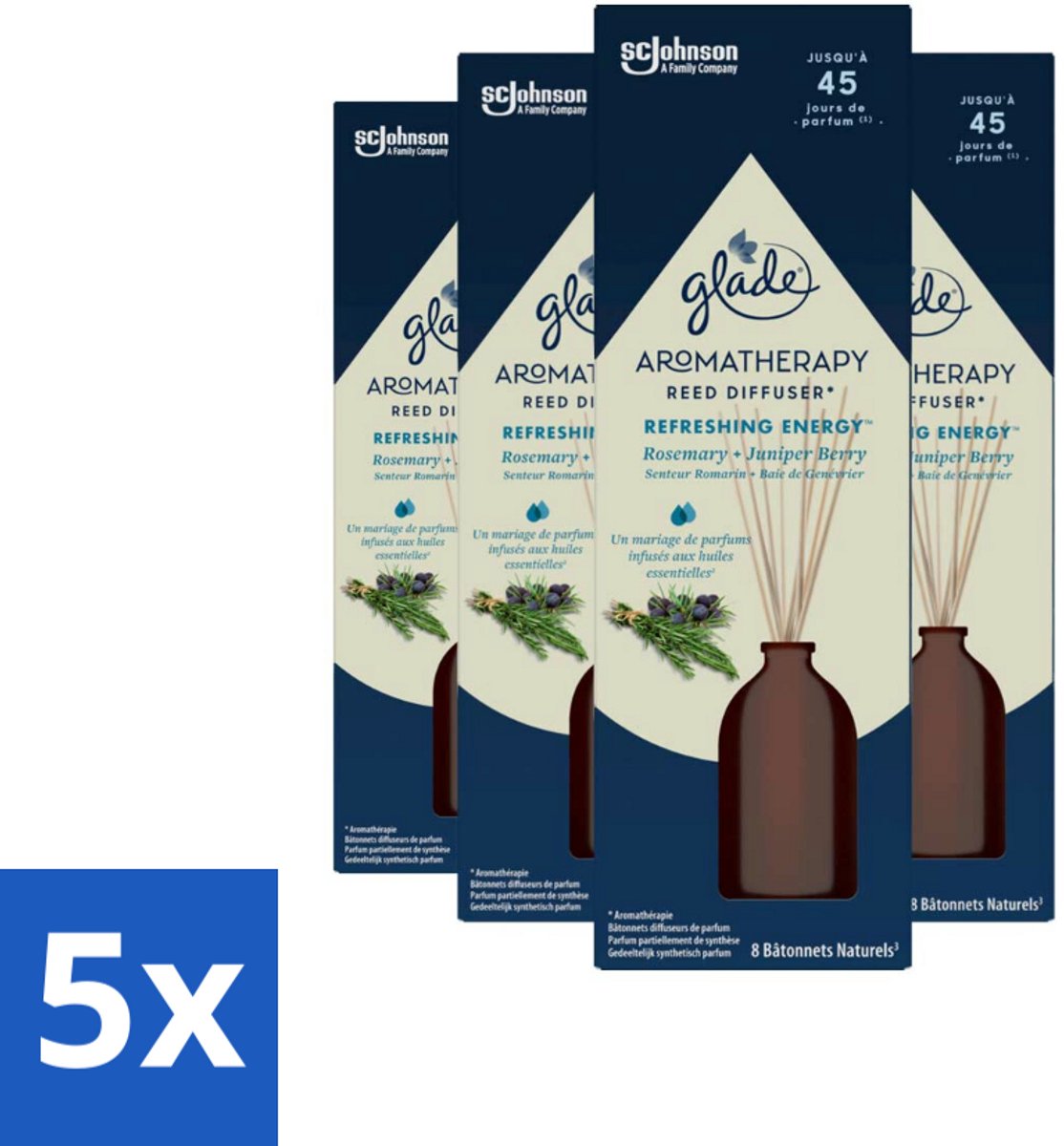 5 x Glade - Geurstokjes Verfrissende Energie - Aromatherapie Geurverspreiding - 80 ml - Aromatherapie - Geurstokjes - Energie - Geurverspreiding - Marokkaanse Rozemarijn
