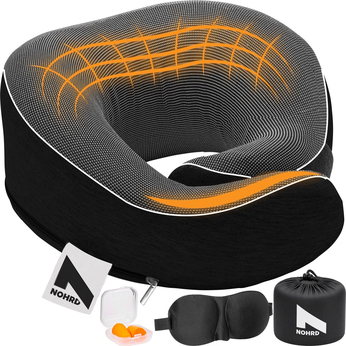 Bol.com NOHRD Nekkussen Vliegtuig - Reiskussen - Zwart - Memory Foam - Incl. Oordopjes, Slaapmasker & Draagtas - Traagschuim - N... aanbieding