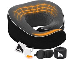 NOHRD Nekkussen Vliegtuig - Reiskussen - Zwart - Memory Foam - Incl. Oordopjes, Slaapmasker & Draagtas - Traagschuim - Neksteun