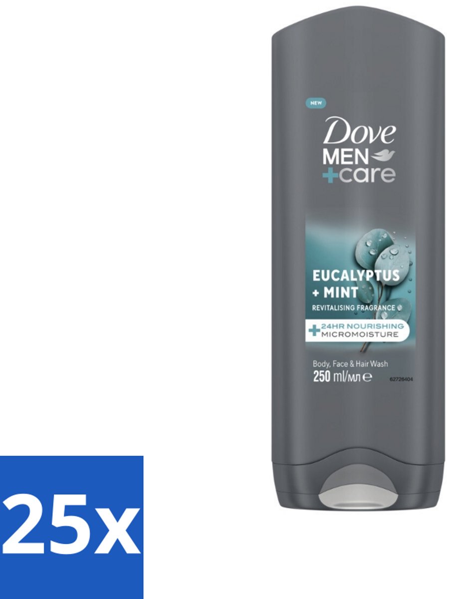25 x Dove Men+Care Douchegel - Eucalyptus & Mint - 250 ml - Douchegel Mannen - Hydraterend Bodywash - Gezicht En Haar Verzorging - Eucalyptus En Munt - 3-in-1 Bodywash