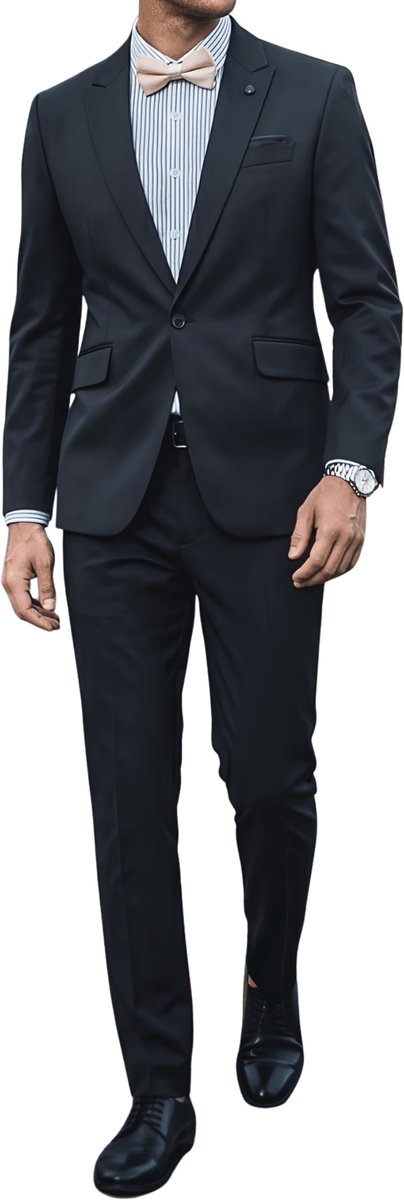 Currero 3 Delig Herenpak Met Overhemd - Suit 2 Delig - Tailored Fit Kostuum - Business Pak - Trouwpak - Smoking - Tuxedo Stijl - Bruiloft, Kantoor & Feest - Zwart XXL