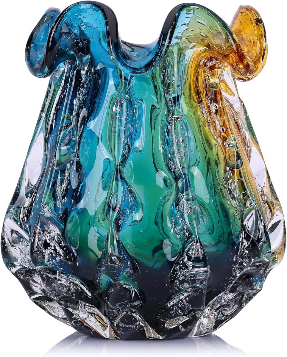 Glazen vaas 25 cm - handgeblazen - groenblauw en amberkleurig - perfect voor boeketten - ShopVlot