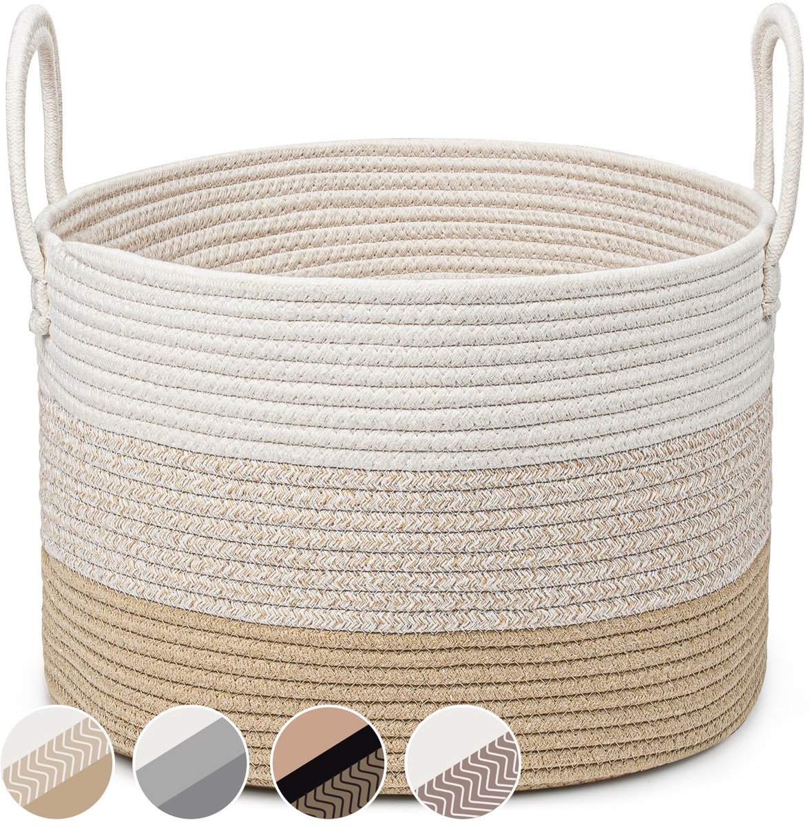 Famanu – Wasmand van geweven katoen, handgemaakt, gevlochten opbergmand voor speelgoed, Ø40 x 25 cm, met 2 handgrepen, voor kleding en dekens in honingkleuren