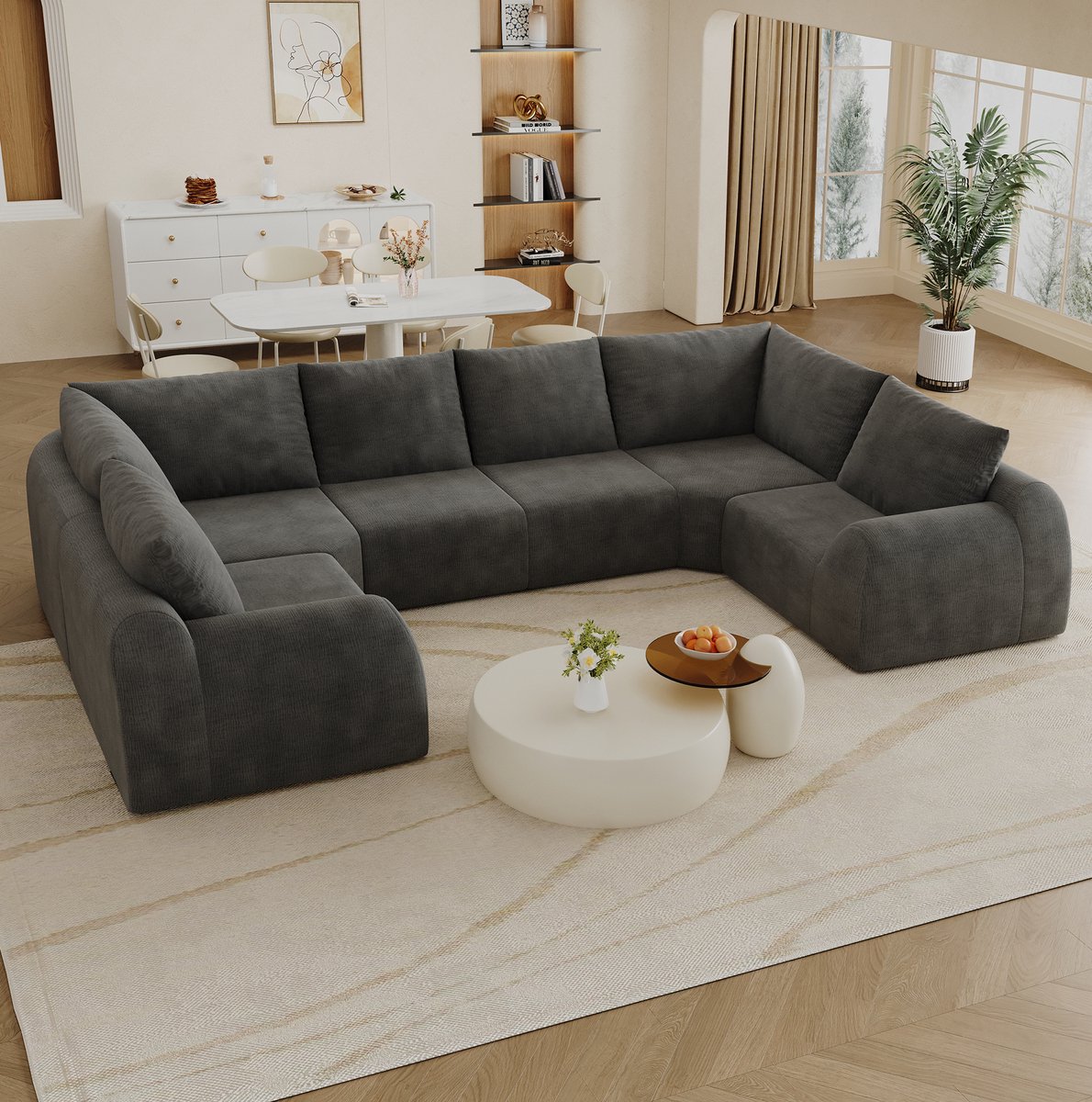 U Bank 6 Zitplaatsen Donkergrijs Met Zachte Chenille Stof En Hoge Comfortvulling Voor Woonkamer En Appartement