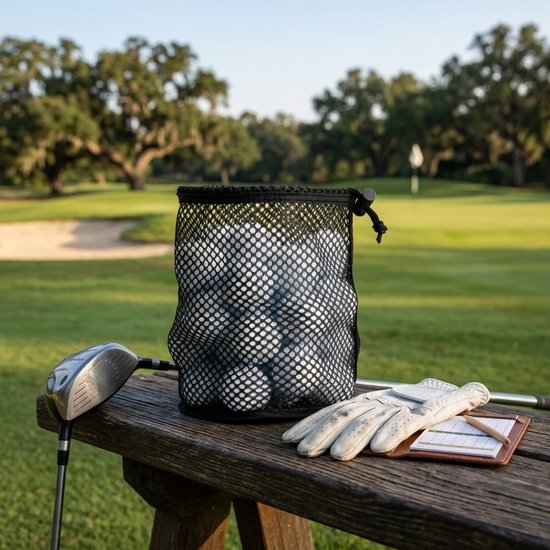 Zwarte golfbal tas middelgroot voor 25 golfballen – netstof opberg tas met trekkoord – golf ballen draag tas – golf accessoires voor heren en dames — afbeelding 3