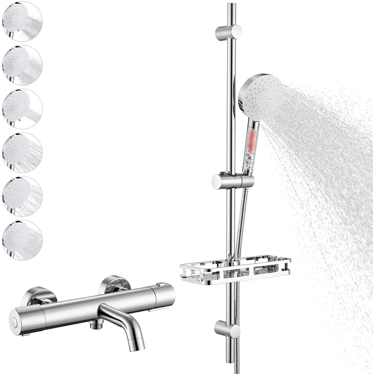 Auralum Max Universal Thermostatische Badkraan - 150 mm hartafstand - Met CoolTouch technologie - 90 cm Glijstangset - Douchekop met 4 Filters - 6 Standen Handdouche - Inclusief Plankje - Waterbesparend - Chroom&Wit