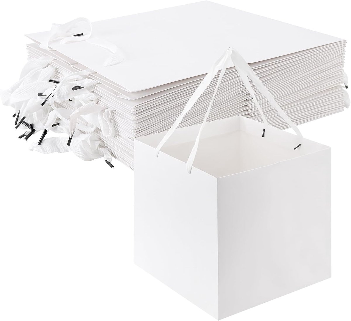 FUNSUEI 16 stuks witte papieren zakken met handgrepen, 30 x 30 x 30 cm, papieren zakken, vierkante bodem, vierkante - ShopVlot