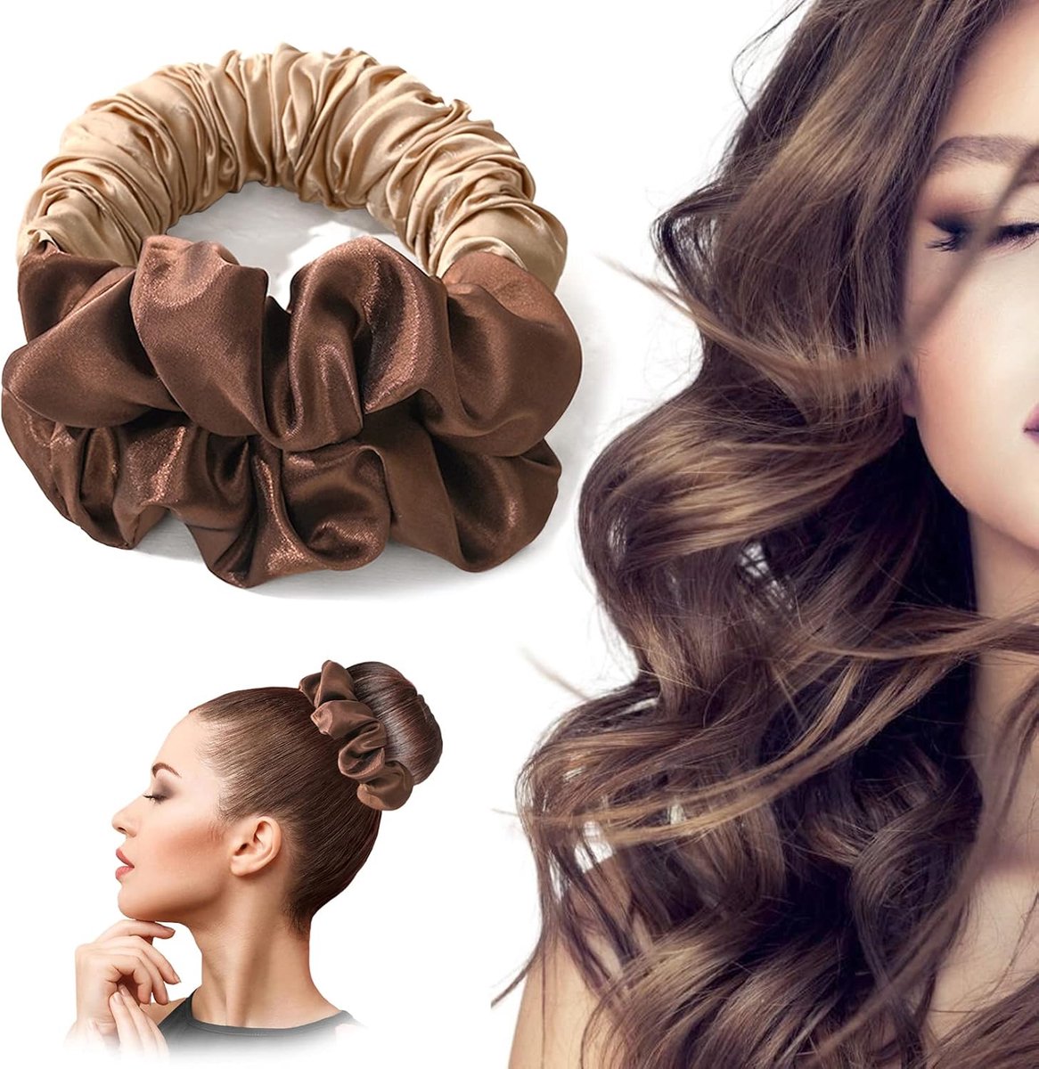 Hittevrije Krulspelden voor Lang Haar - Zachte Zijden Krulband en Scrunchies - Comfortabel Slapen met Krullen - Warmtevrije Haarverzorging voor 's Nachts - Bruin