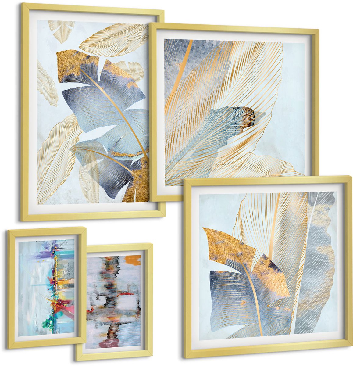 TULUP 5-Delige Schilderij Set - Plantmotieven met moderne artistieke accenten - 50 x 50 cm, 20 x 30 cm en 40 x 60 cm - Wanddecoratie - Muurdecoratie - Moderne Interieurdecoratie Gouden lijst