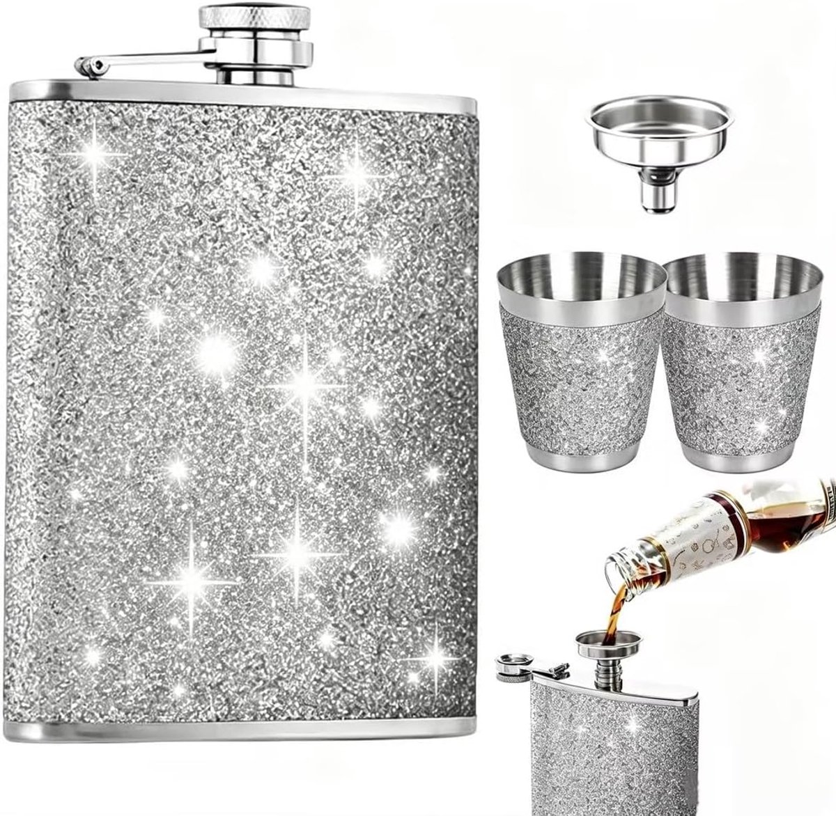 Heupfles voor dames, draagbaar, roestvrij staal, 240 ml, met 2 wijnglazen en trechter, glitter, heupfles voor - ShopVlot
