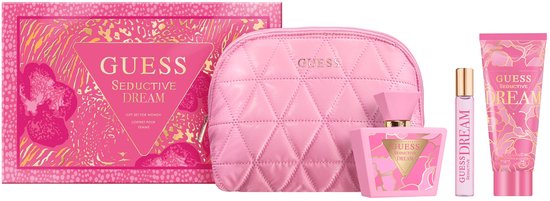 Guess Seductive Dream geschenkset met roze quilt-etui, eau de toilette, bodylotion en reisverstuiver.