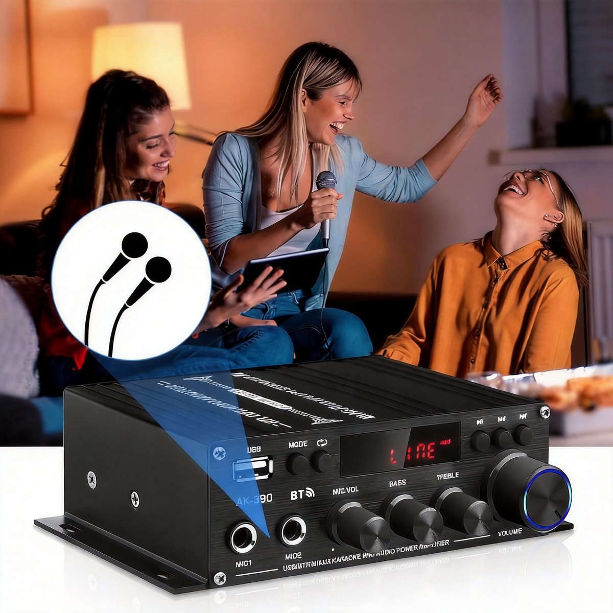 Bluetooth 5.0 Versterker - HiFi Stereo Versterker - Mini Audioversterker - 2.0 Kanaals - FM Radio - EQ 6 Standen - AUX/USB/RCA - 2 Microfoon - met Afstandsbediening - Voor Thuisbioscoop & Karaoke thumbnail 2