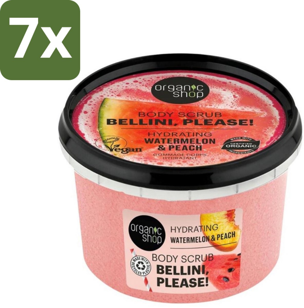 Organic Shop - Body Scrub Watermelon & Peach - Hydratatie en Frisheid - 250 ml - Bulkverpakking - 7 stuks
