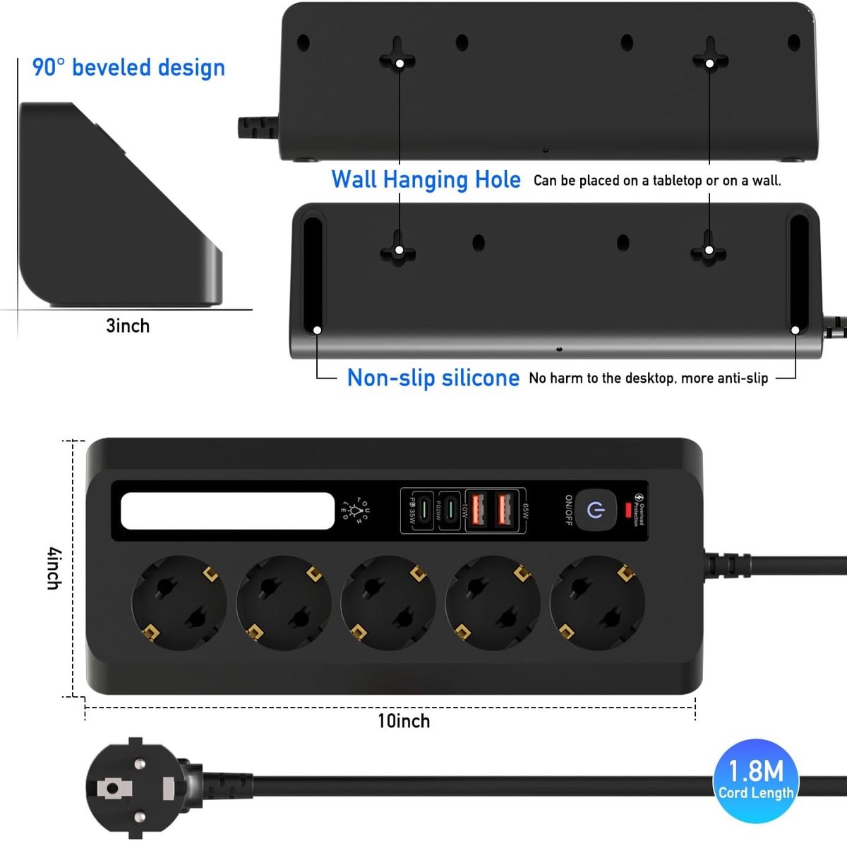 Tafelstekkerdoos - Wit - 1 PD35W+PD20W - 5 Stopcontacten met 4 USB-poorten - Voor Thuis en Kantoor