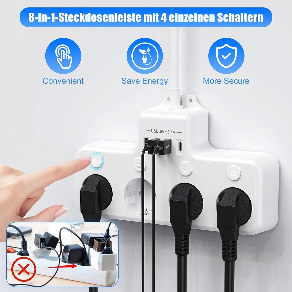 Stekkerdoos - Wit - Tafelstopcontact met USB - 4-voudig en Afzonderlijk Schakelbaar - Voor Bureau en Keuken