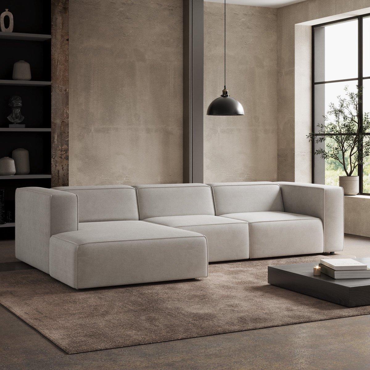 Meubella - Lumvar L - Hoekbank 4-zits - Ribstof beige - Links