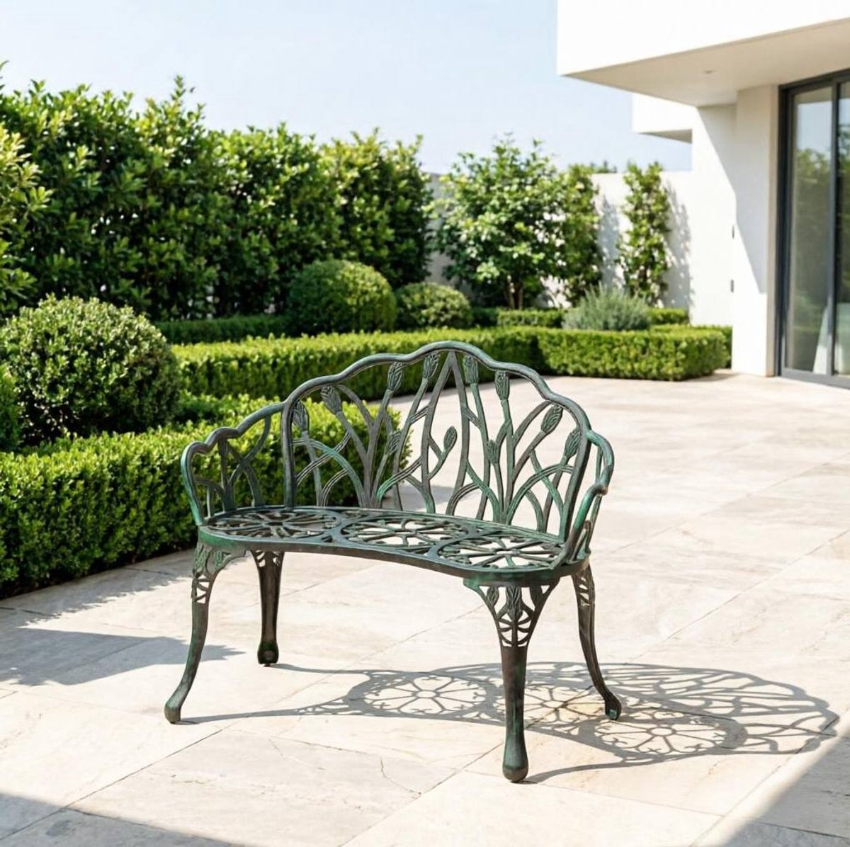 FloraGrace Tuinbank 2-Zits - Antiek Groen - Gegoten Aluminium Met Opengewerkt Bloemenpatroon En Armleuningen - Voor Tuin, Terras En Balkon