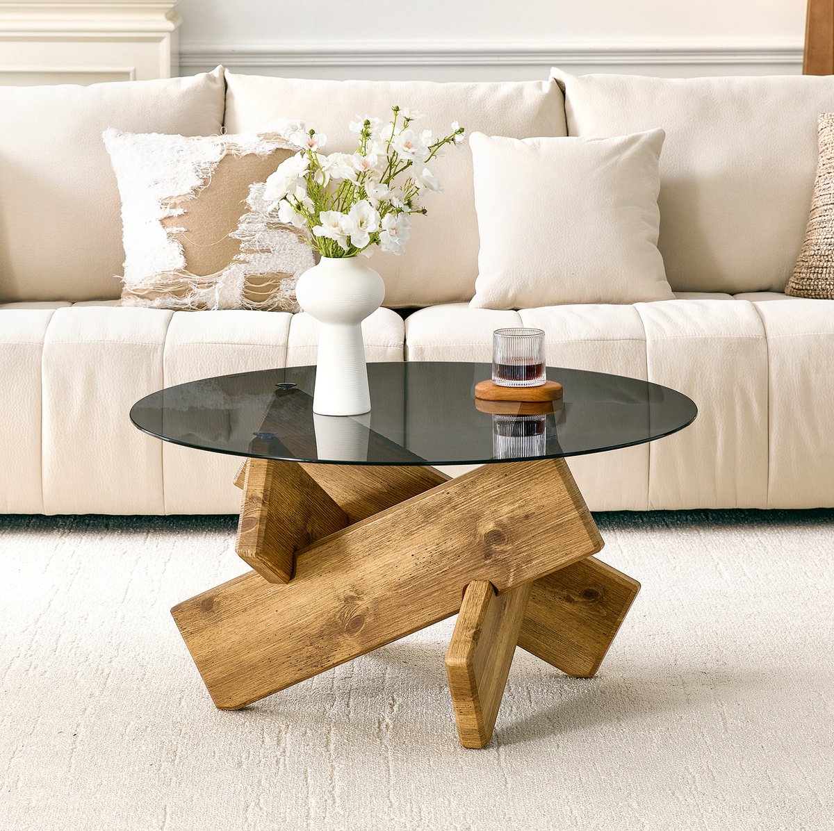 MIVRAY Salontafel - Ronde Glazen Salontafel Met Geometrische MDF Basis In Houtkleur - Modern Voor Woonkamer - 79 Cm - 45 Cm