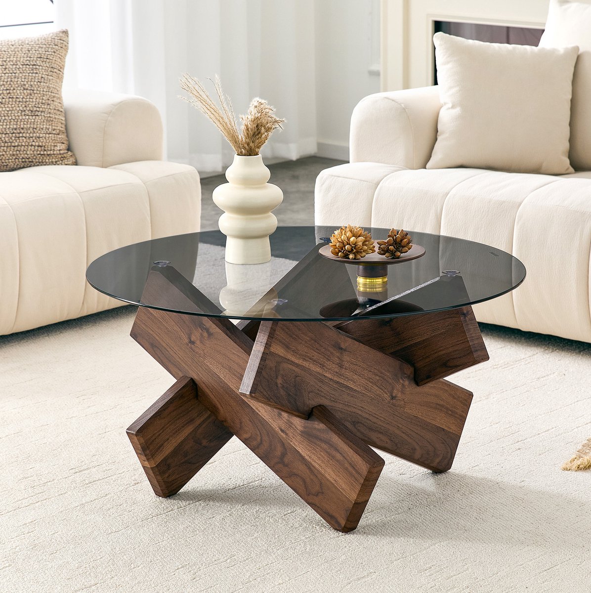 MIVRAY Salontafel Rond Glas Met Stevige Walnootkleurige MDF Basis Voor Woonkamer Modern Design 79 Cm Bijzettafel 45 Cm
