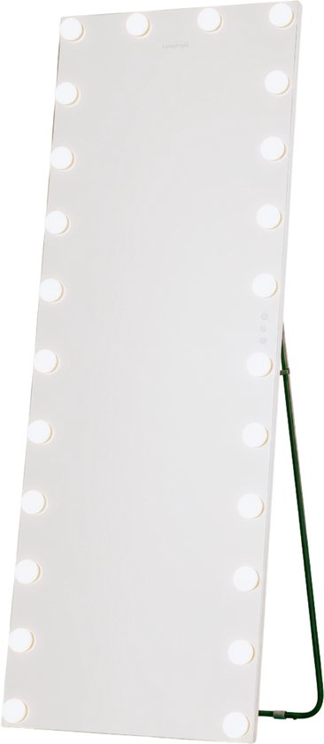 Staande spiegel met 24 witte LED lampen en een donkergroene standaard, op een witte achtergrond.