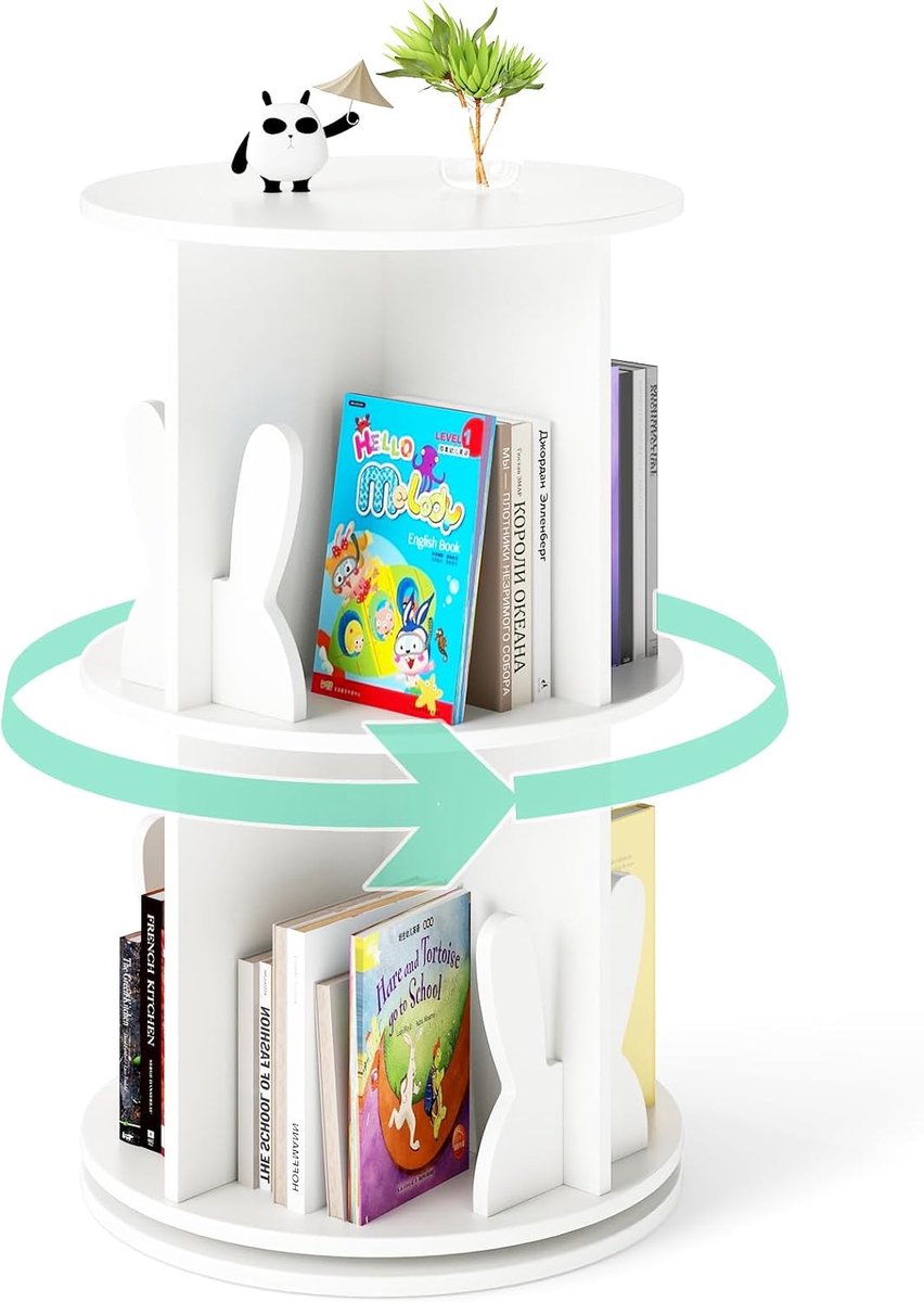 KOMFOTTEU Boekenkast voor kinderen - 360 graden draaibaar - kinderboekenkast met 2 niveaus - 8 vakken en boekensteunen - boekenrek - staand rek vrijstaand voor kinderkamer - speelkamer - wit