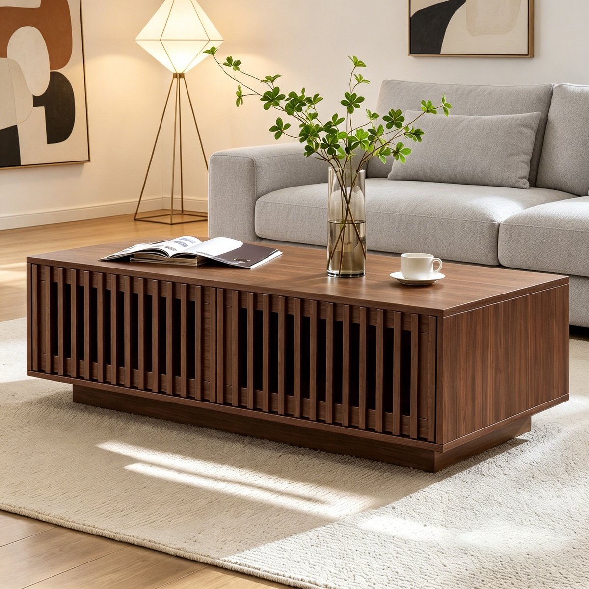 Rechthoekige Opberg Salontafel 100x50x35 cm – Woonkamertafel met 2 Deuren en Opengewerkte Traliedeur – Bijzettafel, Sofatafel – Walnootkleur