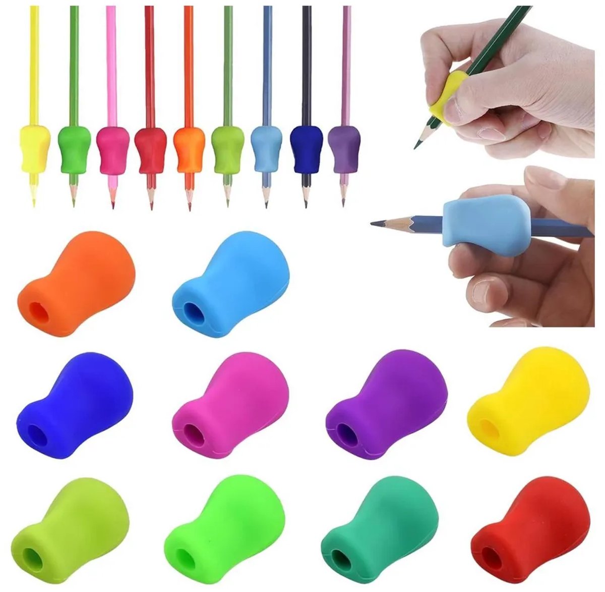 Pennenhouders Geschikt voor kinderen, 10 stuks, 10 kleuren. Ergonomische schrijfhulpmiddelen, perfect Geschikt voor kinderen en volwassenen om de schrijfhouding te corrigeren.