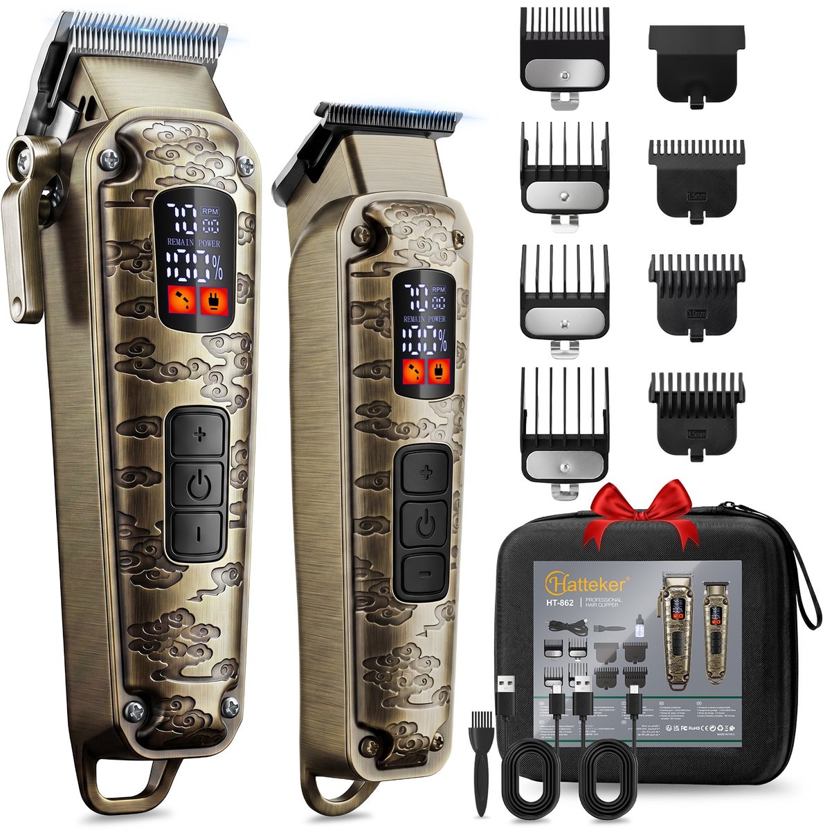 HATTEKER Tondeuse en Baardtrimmer – Professionele Haartondeuse Set – Precisietrimmer – 7 Opzetkammen – Met Opbergtas – Bronzen