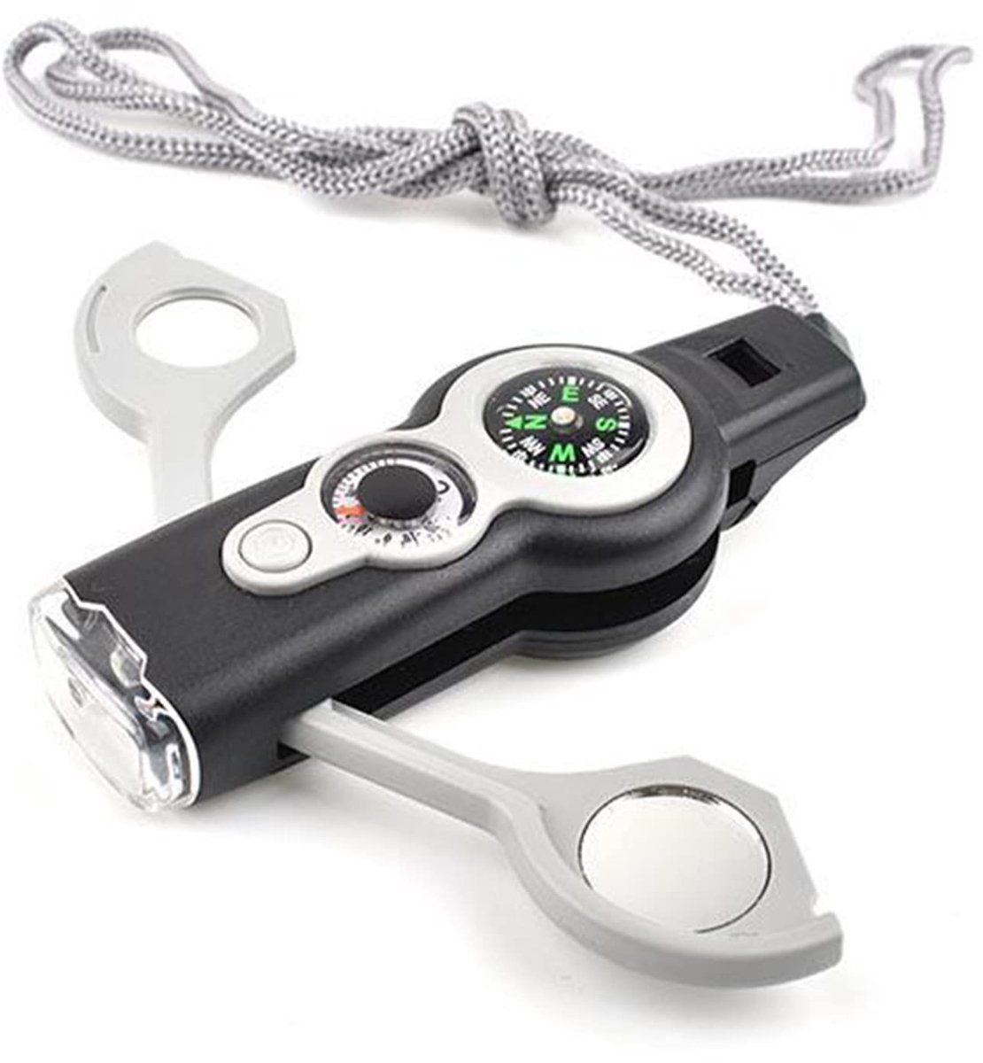 7-in-1 Survival multitool - Nood fluitje - Survival fluit - noodfluit / thermometer / vergrootglas / reflector spiegel / LED lamp / kompas / opbergvakje - Emergency whistle - Met koord - Zwart - Jonyx