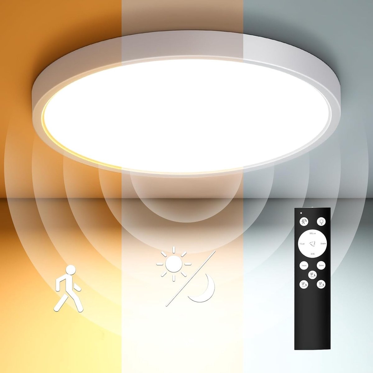 Sensor lampjes met bewegingsmelder - Wit - 23 cm 20W - Dimbare LED plafondlamp met radar en afstandsbediening - Voor binnen