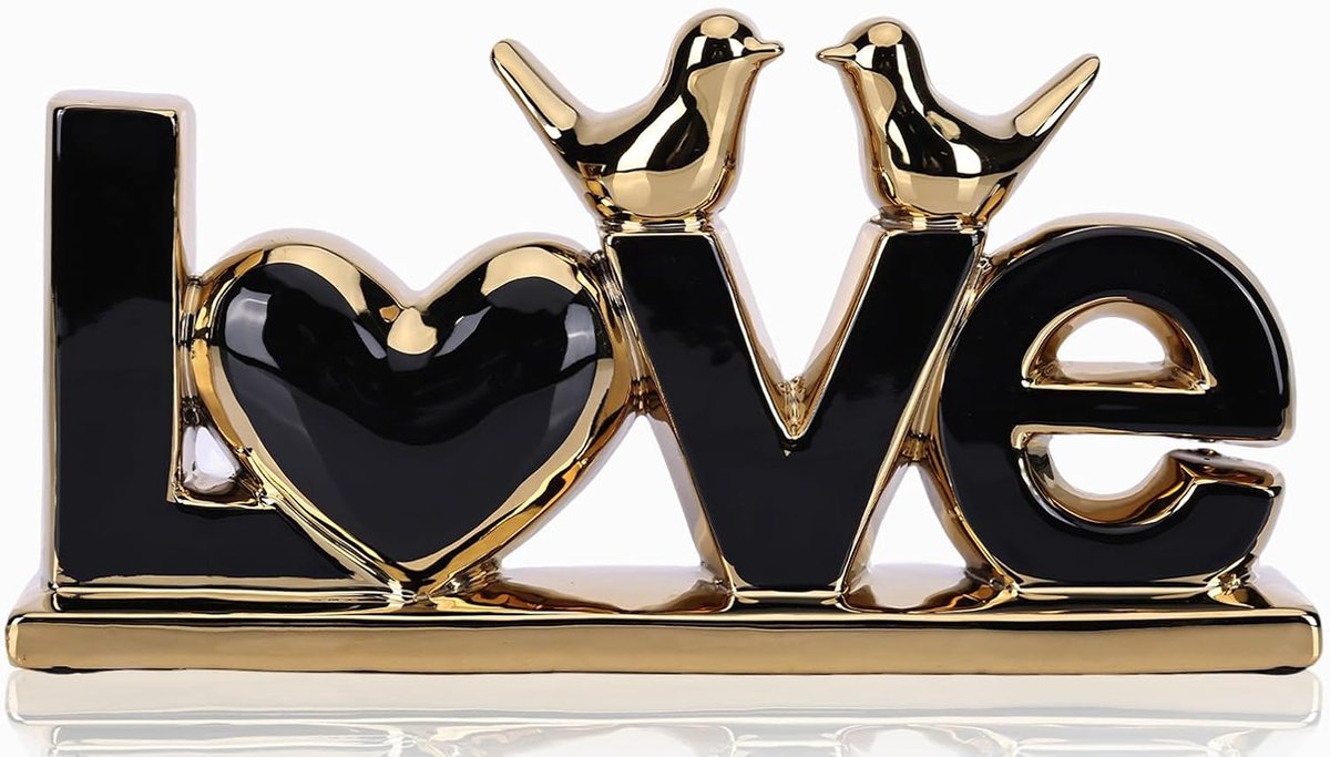 DOVDOV Zwarte en gouden keramische liefde teken sculptuur met hart en vogel standbeelden, moderne woondecoratie - ShopVlot