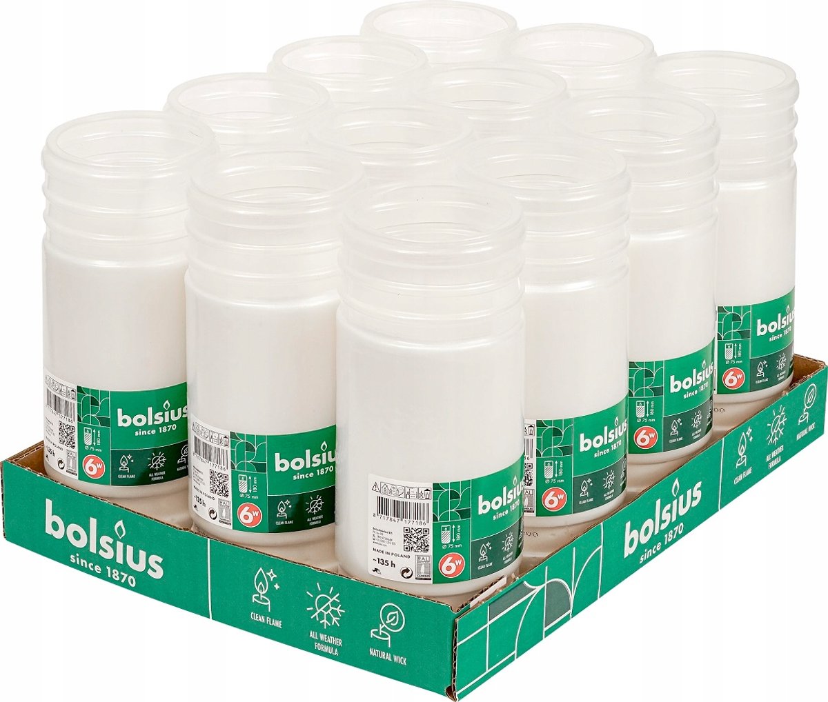 Bolsius Paraffine Branders 18cm voor Graflichten - 135u Brandduur - 12 stuks