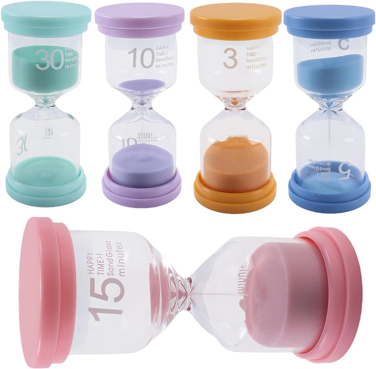 Zandloperset 5-delig - gekleurde timer - 3, 5, 10, 15, 30 minuten - ideaal voor tandenpoetsen, huiswerk, sport - ShopVlot