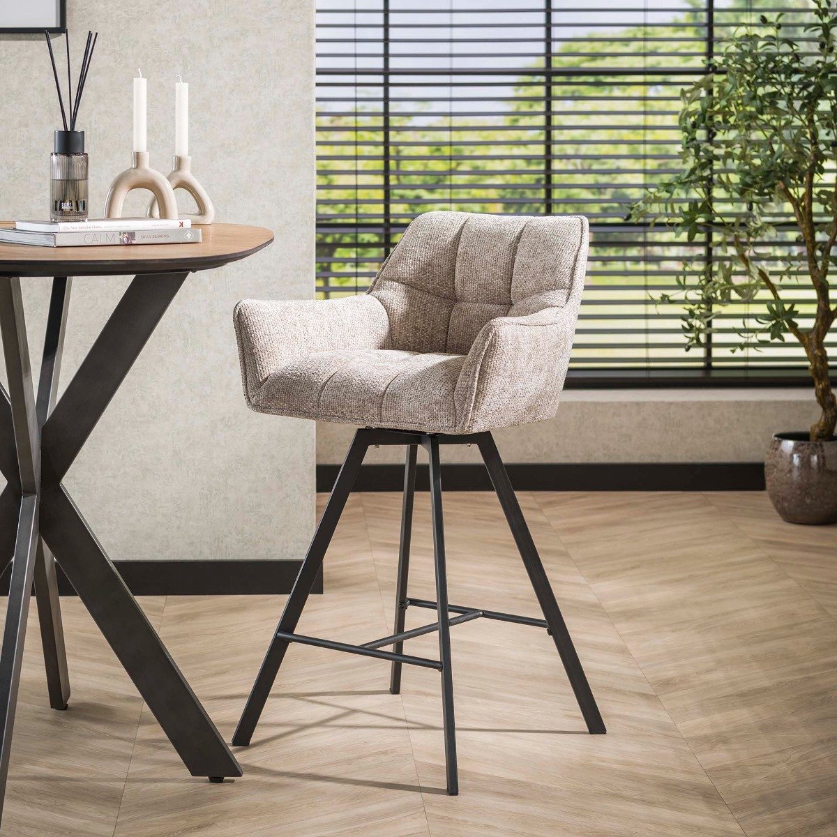 Giga Meubel Barstoel Raster - Zand - Draaibaar - Zithoogte 69cm - Set van 2
