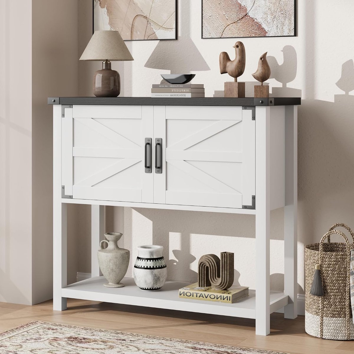 Sidetable Landelijke Stijl - Dressoir met 2 Lades en 2 Kastjes - Consoletafel voor Hal, Woonkamer en Keuken - Zwart & Wit - Koffiebar & Buffetkast - 80 x 36 x 86 cm