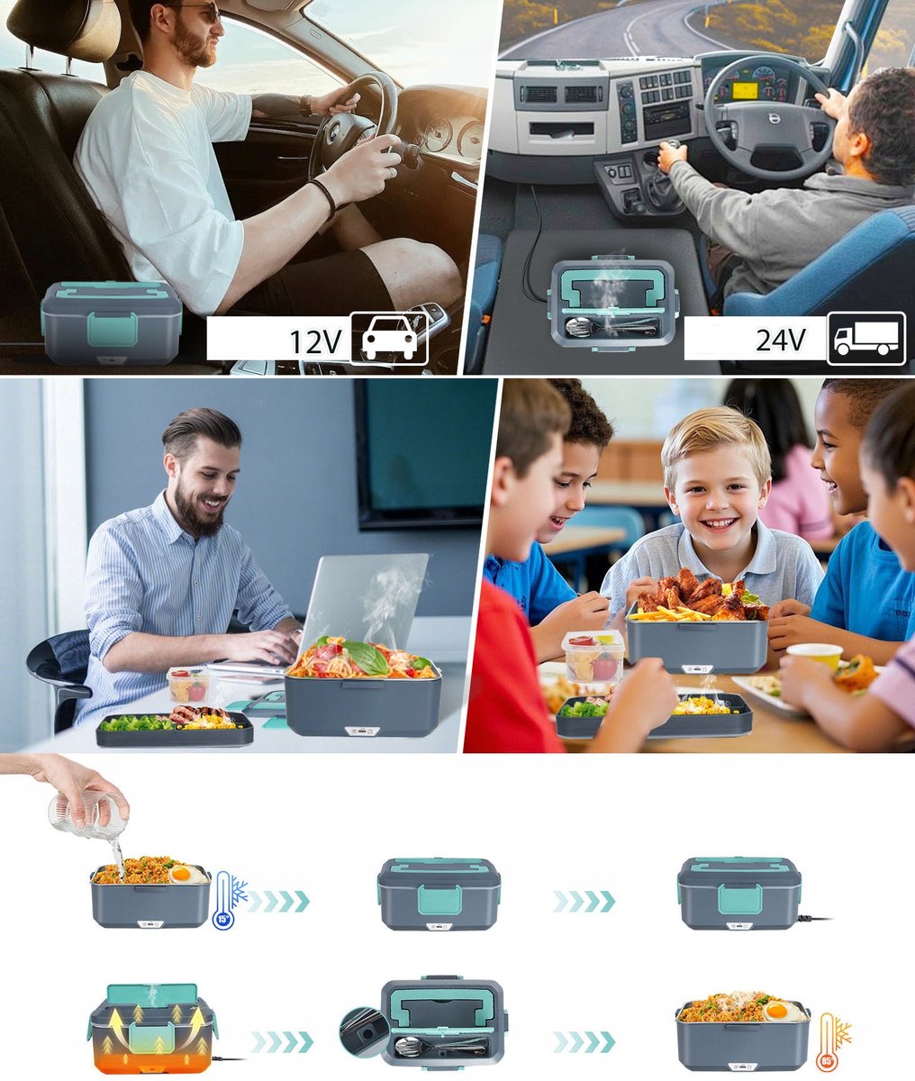 Dubbellaags Elektrische Lunchbox - Verwarmde Bento Box - 3,5L Thermos Lunchbox - PTC Constante Temperatuur - 90W - 12V/24V/220V - Vaatwasbestendig - Isolatietas & Bestek - Draagbare Broodtrommel - Voor Chauffeurs & Kantoor & Bouwplaats — cadeau in Kookcadeaus - foto 4
