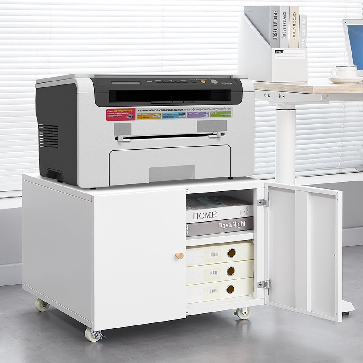 DESMIU Archiefkast Mobiel Met Verstelbare Plank 60 X 60 X 45 Cm Metaal Wit Voor Printer En Documenten
