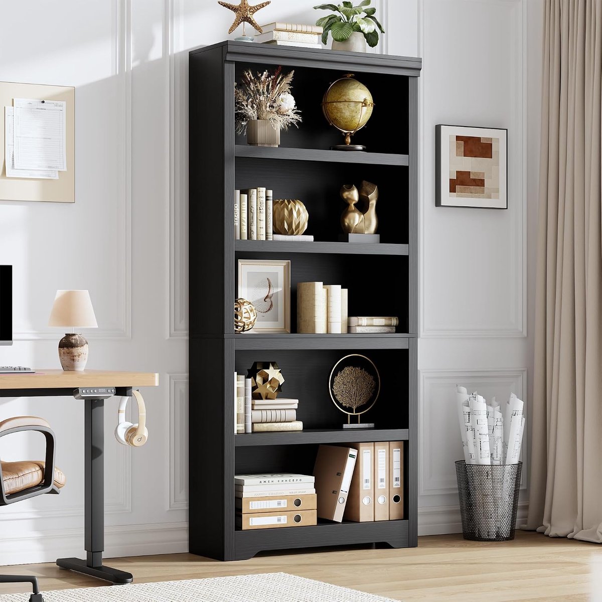 Hoge Boekenkast 5 Lagen - 80x29.5x174.5cm - Boekenkast Vintage - Verstelbare Planken - Kantelbeveiliging - Open Opbergkast - Voor Woonkamer Kantoor - Zwart