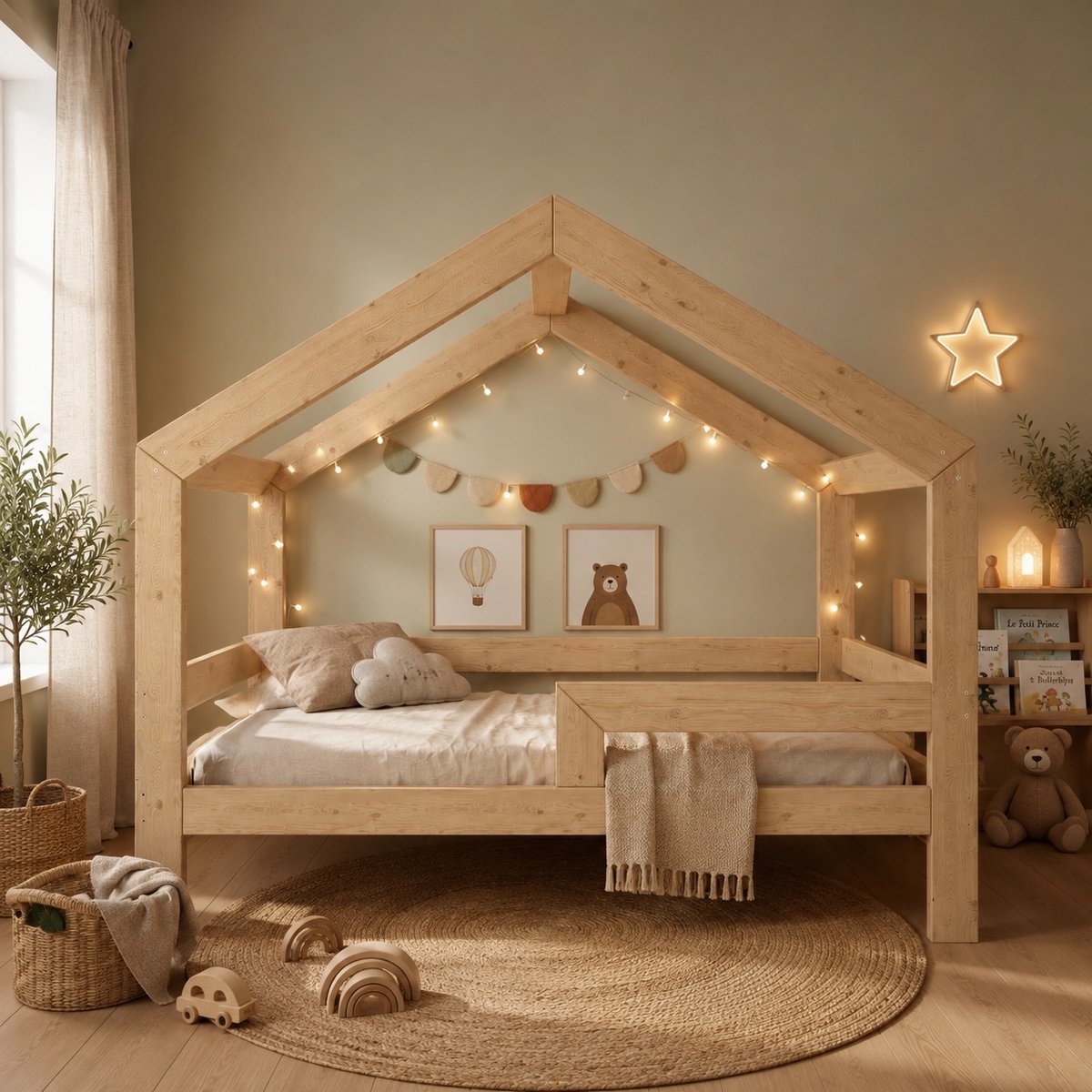Need Sleep Montessori Kinderbed Huisbed 90x190 cm - Naturel Hout - Peuterbed met Uitvalbescherming - Symmetrisch Houtkleur