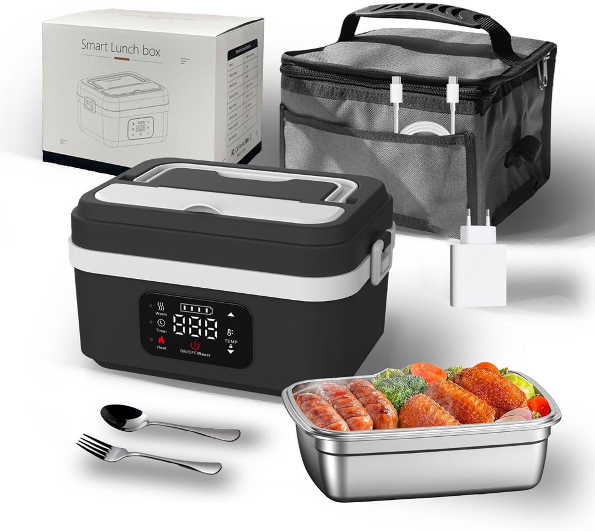 Elektrische Lunchbox - Verwarmde Bento Box - Thermos Lunchbox - 1000 ml - 60W Snel Verwarmend - 6 Temperatuurstanden - Voorverwarmen - ook Powerbank - met Isolatietas - Draagbare Broodtrommel - Voor Kantoor & School & Auto - Zwart en Wit — cadeau in Kookcadeaus - foto 6
